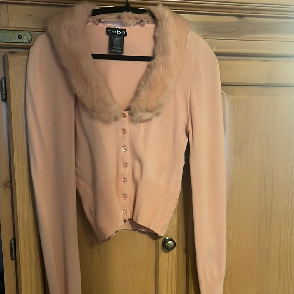 bebe Pink Sweater with Faux Fur Collar